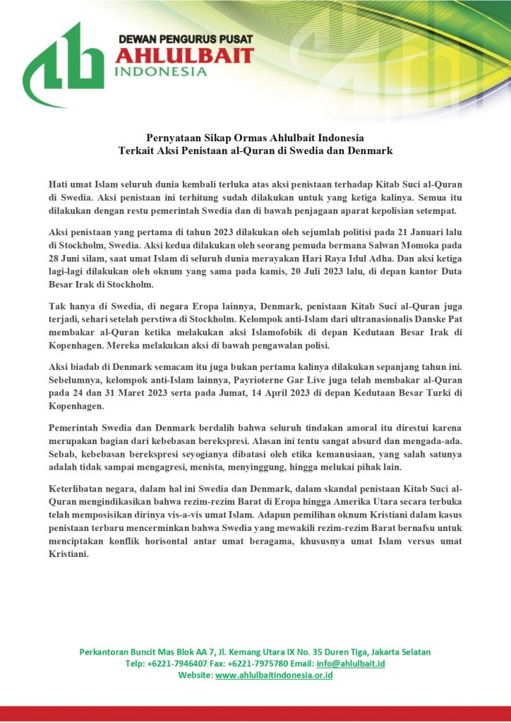 Pernyataan Sikap Ormas Ahlulbait Indonesia Terkait Aksi Penistaan al-Quran di Swedia dan Denmark