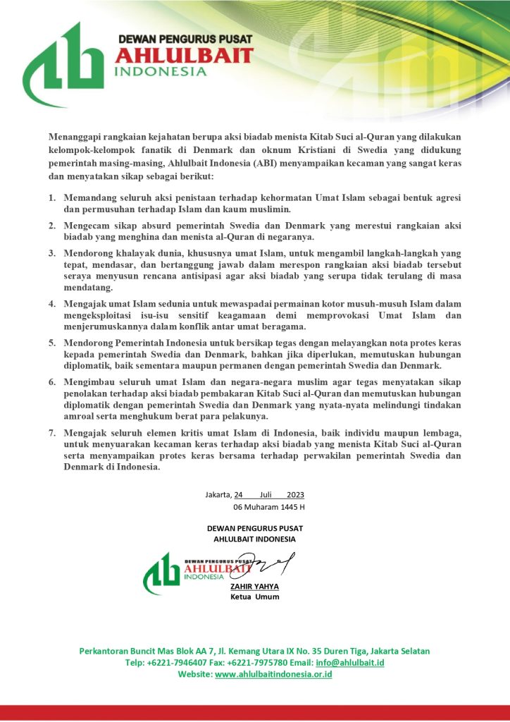 Pernyataan Sikap Ormas Ahlulbait Indonesia Terkait Aksi Penistaan al-Quran di Swedia dan Denmark