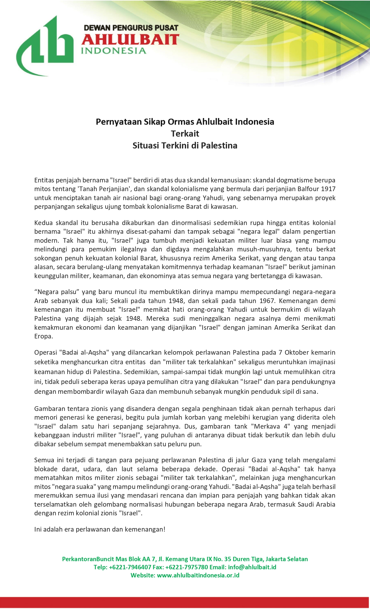 Pernyataan Sikap Ormas Ahlulbait Indonesia Terkait Situasi Terkini di Palestina