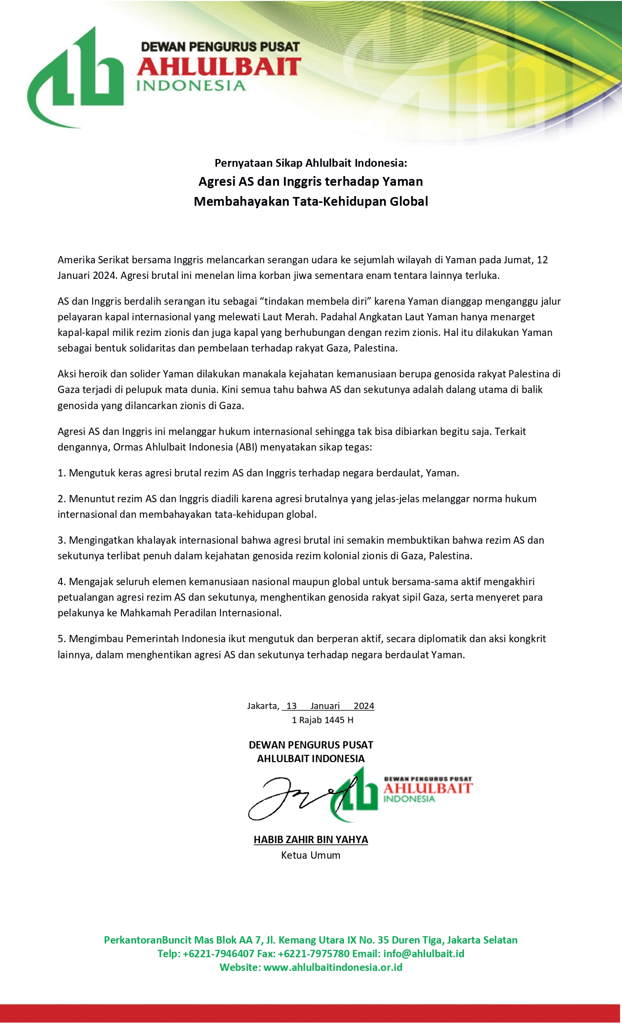 Pernyataan Sikap Ahlulbait Indonesia: Agresi AS dan Inggris terhadap Yaman Membahayakan Tata-Kehidupan Global