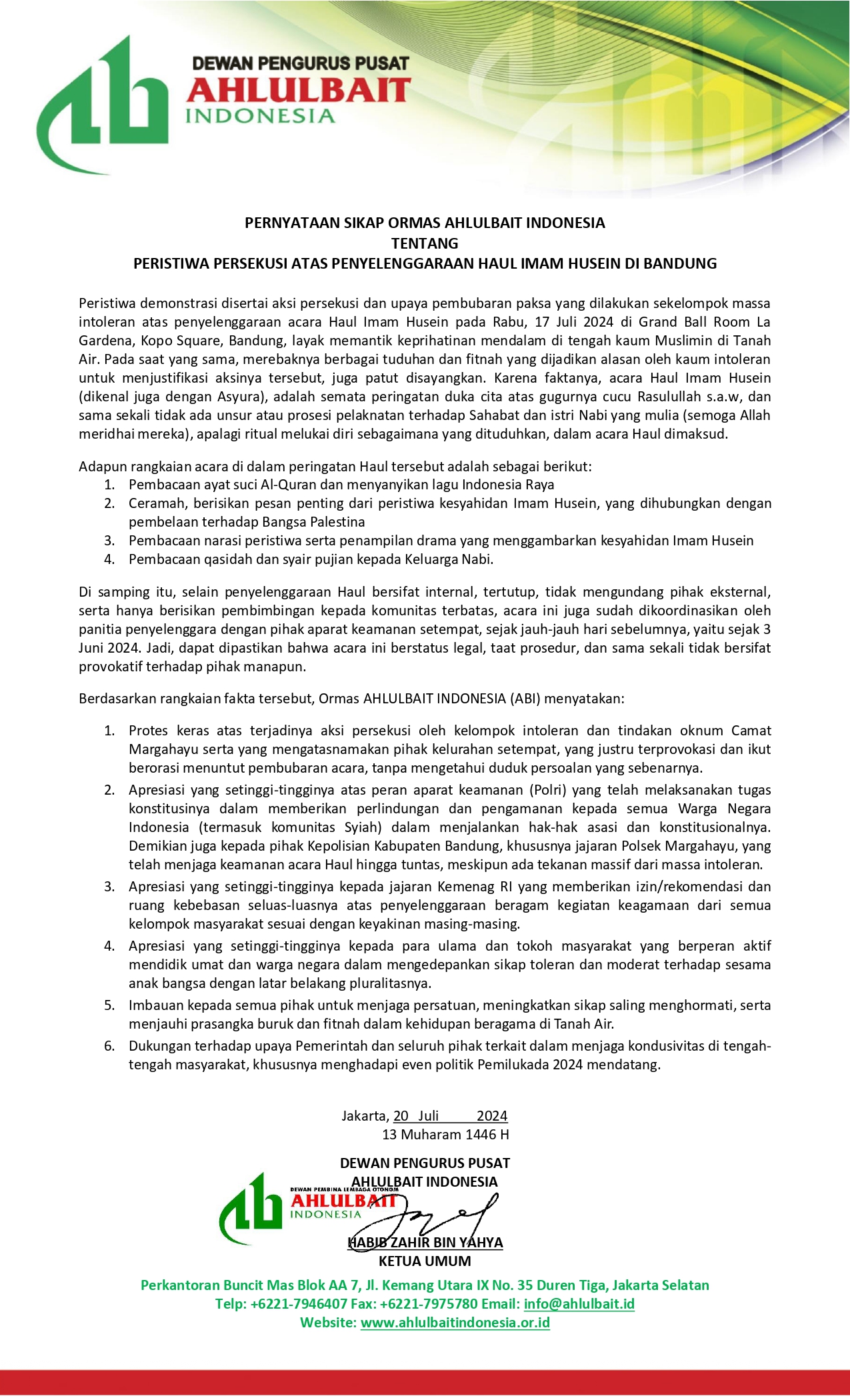 PERNYATAAN SIKAP ORMAS AHLULBAIT INDONESIA TENTANG PERISTIWA PERSEKUSI ATAS PENYELENGGARAAN HAUL IMAM HUSEIN DI BANDUNG